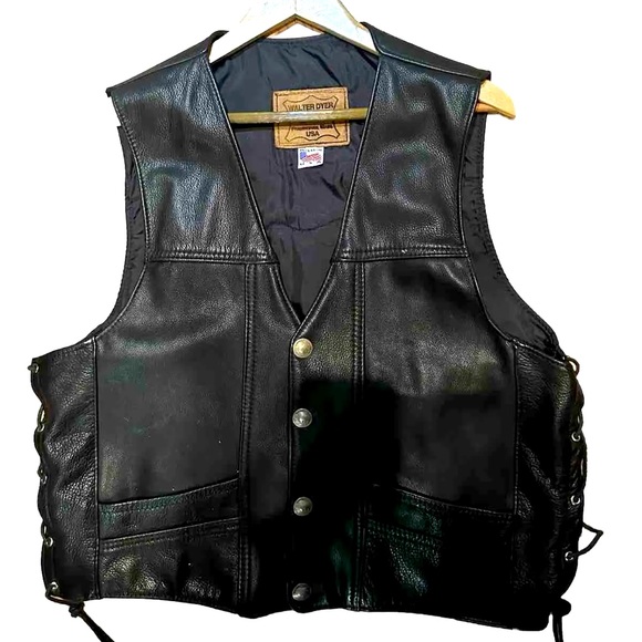 Genuine Leather Motorcycle Vest, Side-Laced W Tassels, Walter Dyer 80's Vintage - Picture 3 of 6